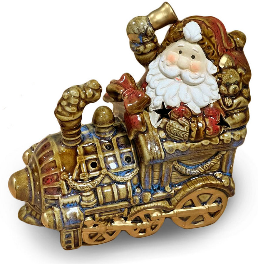 Керамический подсвечник — Дед Мороз на паровозе в деревянной шкатулке