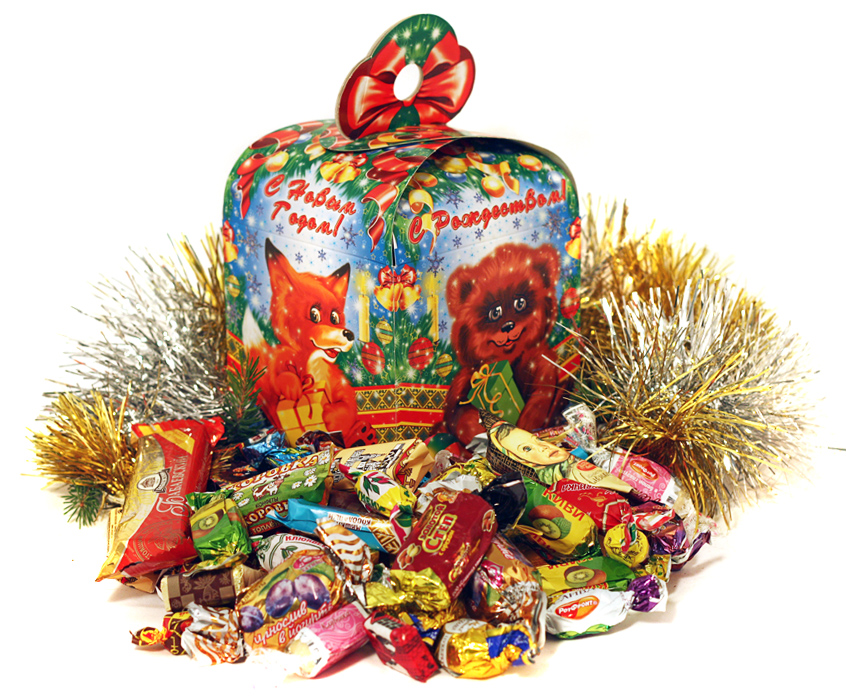 Детские новогодние подарки – наборы конфет в различных упаковках