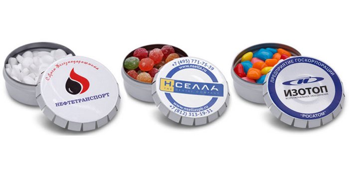 Освежающие конфеты в круглых металлических баночках свит-бокс Click-Clack с логотипом